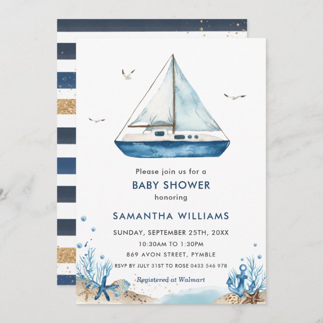 Nautical Blue Boat Baby Shower Invitation (Front/Back)