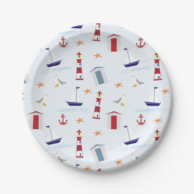 Nautical Blue Boat Lighthouse Red Anchor  Starfish Paper Plate (Front)