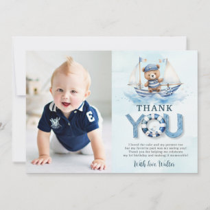 Nautical Blue Boat Teddy Bear Boy Birthday Photo Thank You Card