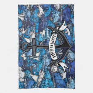 Nautical Blue Boats and Anchor Boat Name Tea Towel