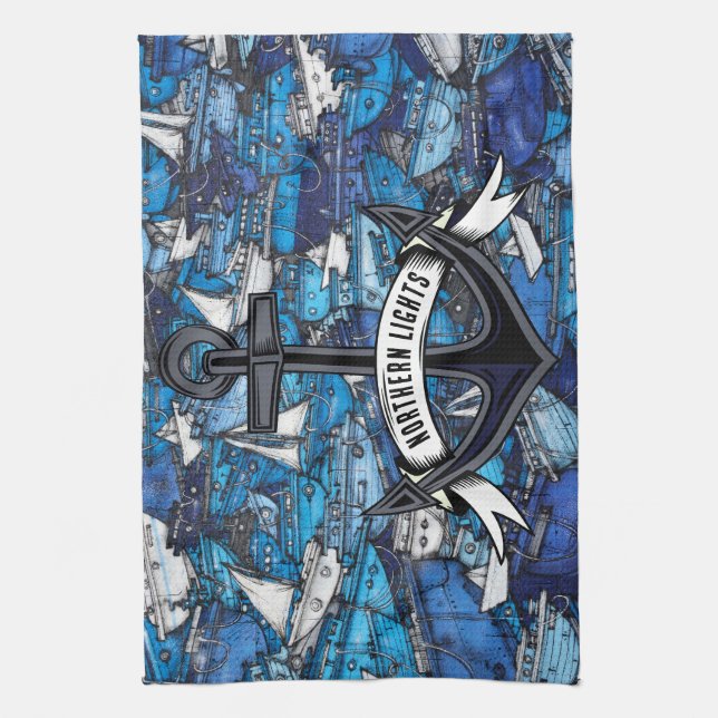 Nautical Blue Boats and Anchor Boat Name Tea Towel (Vertical)