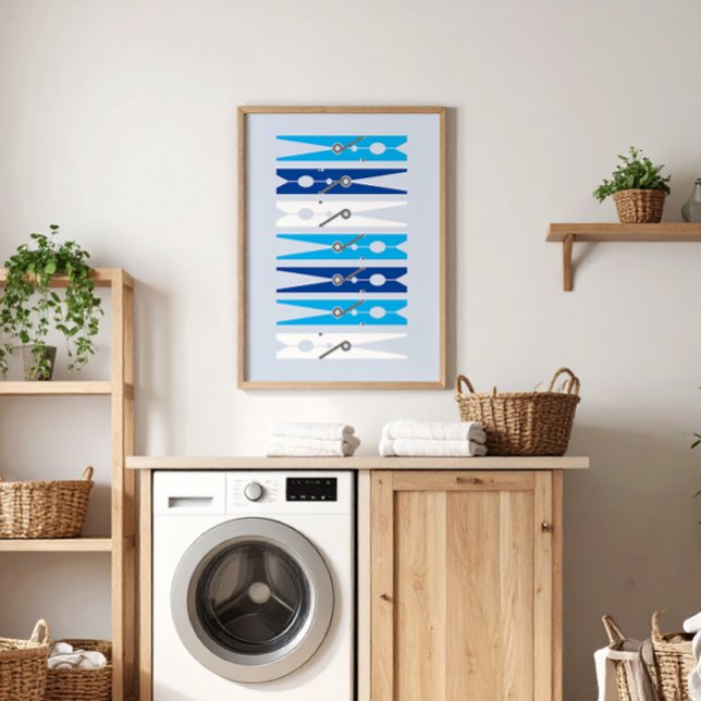Nautical Blue Clothes Pins Laundry Room Art Poster (nautical blues and white modern graphic clothes pins art for a fun laundry room)