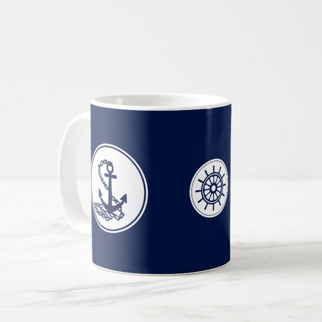 Nautical Blue Coffee Mug, Anchor And Ship's Wheel Mug (Front Left)