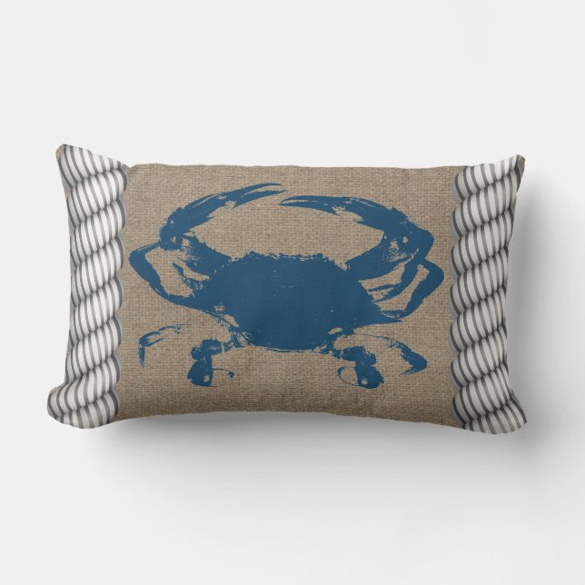 Nautical Blue Crab White Ropes Lumbar Cushion (Front)