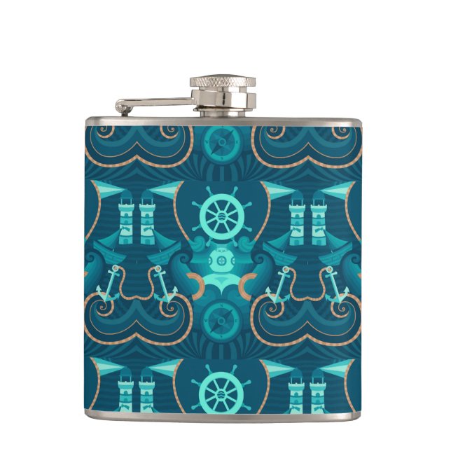 Nautical Blue Design Hip Flask (Front)