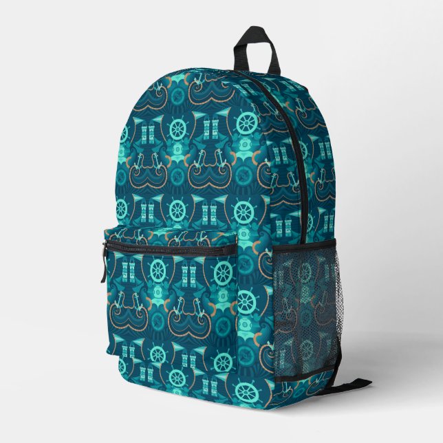 Nautical Blue Design Printed Backpack (Back Corner Right)