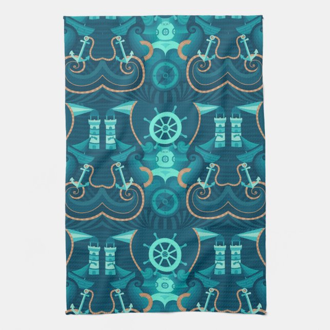 Nautical Blue Design Tea Towel (Vertical)