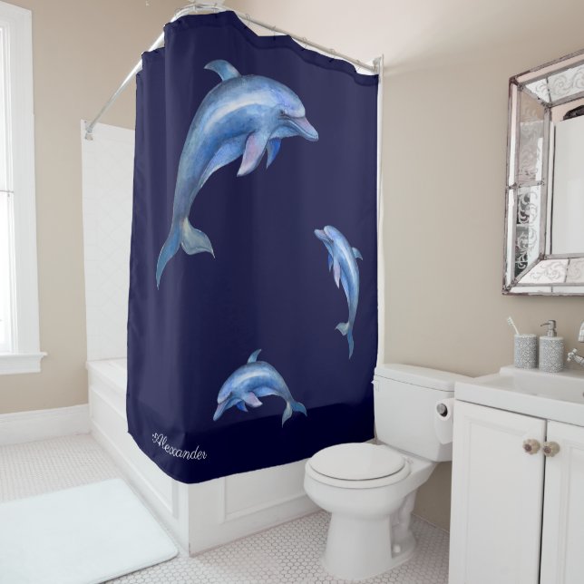 Nautical  Blue Dolphin Watercolor  Name Shower Curtain (In Situ)