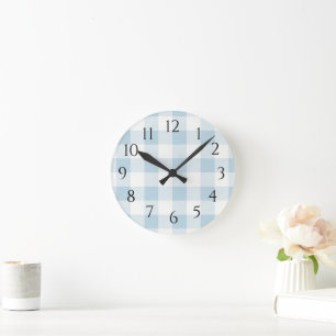 Nautical Blue Gingham Check Pattern Round Clock