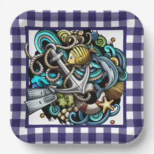 Nautical Blue Gingham Paper Plate