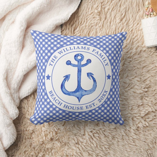 Nautical Blue Gingham Pattern - Family Beach House Cushion (Blanket)