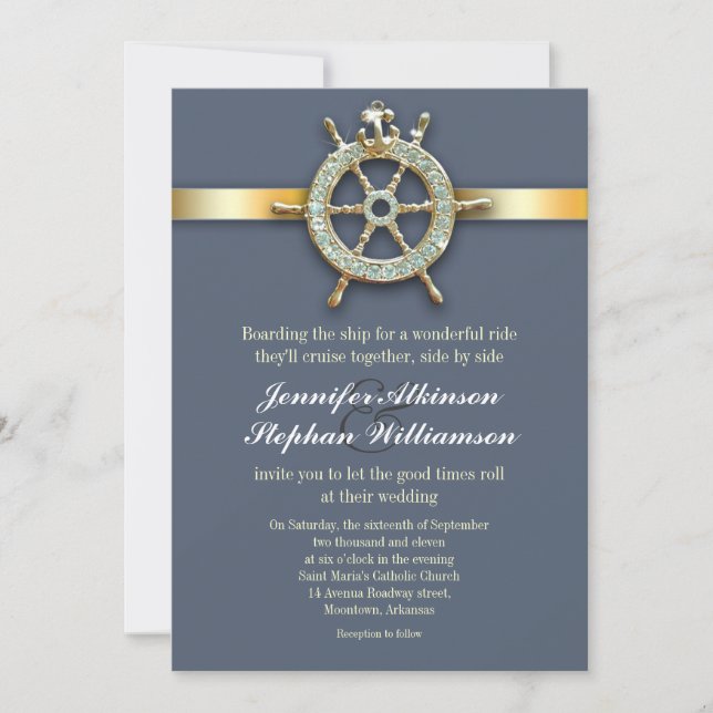 nautical blue golden wedding invitations (Front)