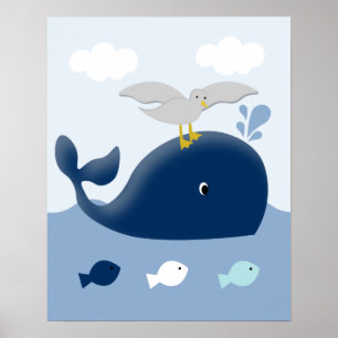 Nautical Blue Grey Whale Nursery Art Print