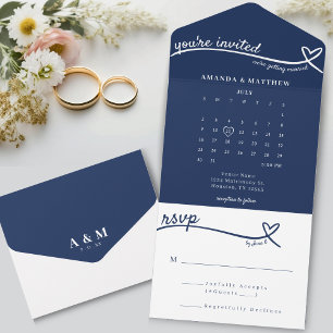 Nautical Blue Heart Monogram Calendar Wedding All In One Invitation