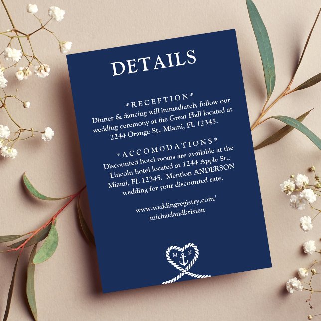 Nautical Blue Heart Rope Monogram Wedding Details Enclosure Card (Nautical Blue Heart Rope Monogram Wedding Details Enclosure Card)