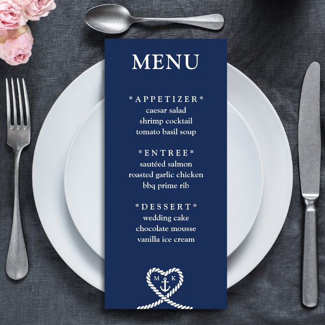 Nautical Blue Heart Rope Monogram Wedding Menu (Nautical Blue Heart Rope Monogram Wedding Menu)