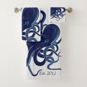  Nautical Blue Octopus Coastal White Wood Bath Towel Set