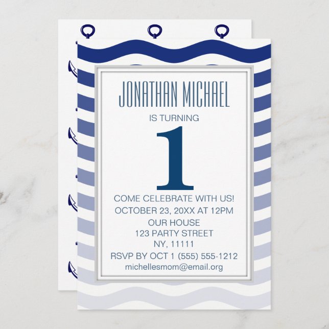 Nautical Blue Ombre Wave Anchor First Birthday Invitation (Front/Back)