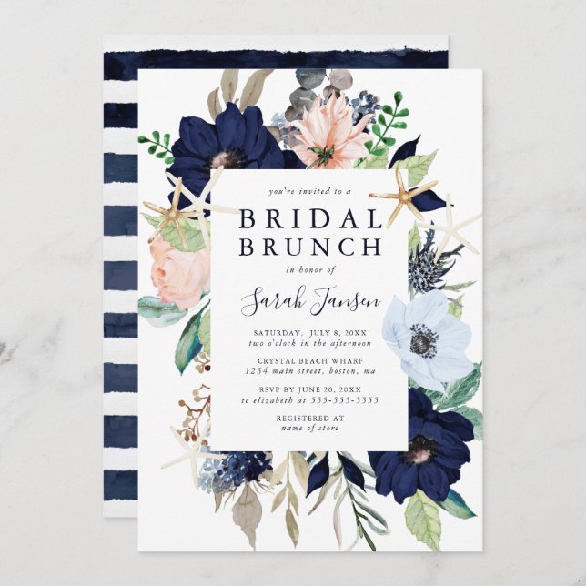 Nautical Blue Pink Watercolor Floral Bridal Brunch Invitation (Front/Back)