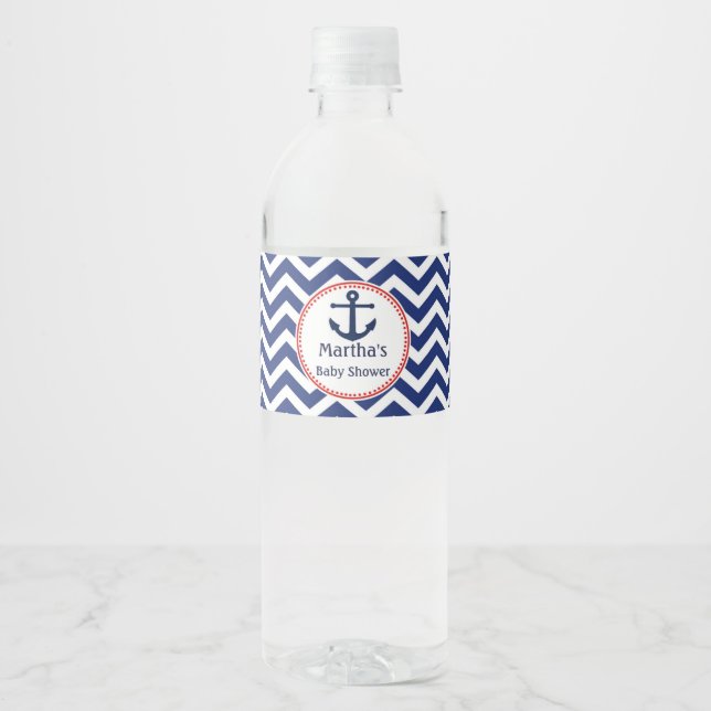Nautical Blue Red Baby Shower Bottle Wrapper Label (Front)
