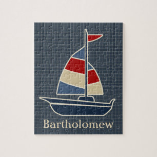 Nautical Blue, Red, Cream Sailboat Custom Jigsaw Puzzle