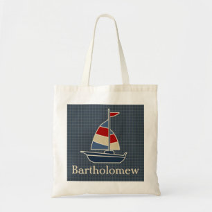 Nautical Blue, Red, Cream Sailboat Custom Tote Bag