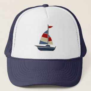 Nautical Blue, Red, Cream Sailboat Custom Trucker Hat