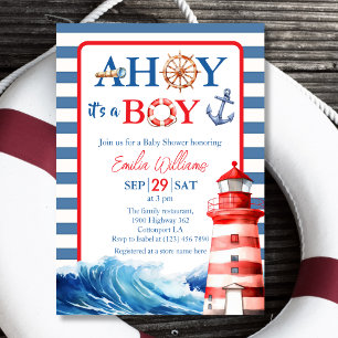 Nautical Blue Red Whimsical Ahoy Boy Baby Shower Invitation