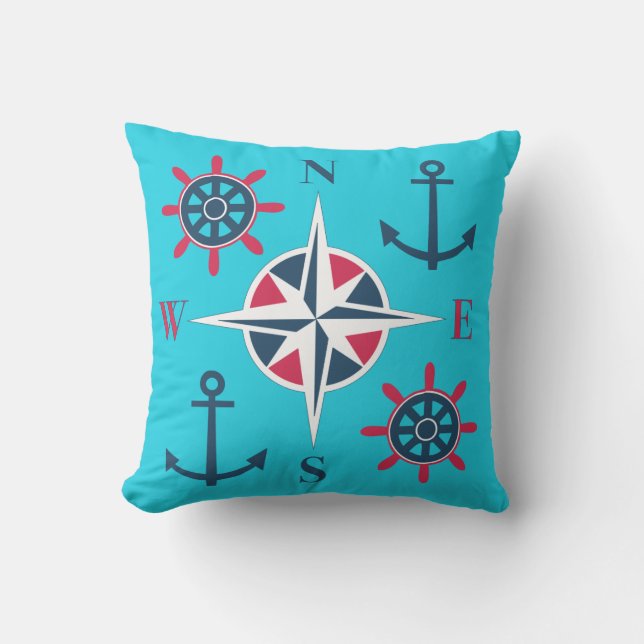 Nautical Blue Red White Turquoise Cushion (Front)