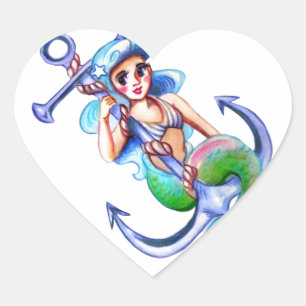 Nautical Blue Retro Mermaid Lady Heart Sticker