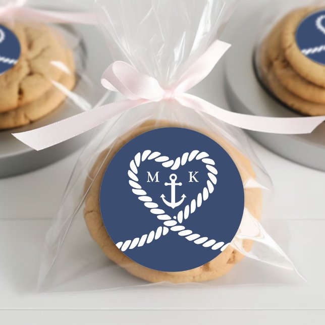 Nautical Blue Rope Heart Anchor Monogram Wedding  Classic Round Sticker (Nautical Blue Rope Heart Anchor Monogram Wedding Classic Round Sticker
)