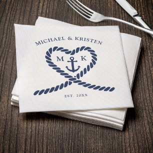 Nautical Blue Rope Heart Anchor Monogram Wedding Napkin