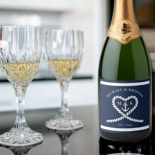 Nautical Blue Rope Heart Anchor Monogram Wedding  Sparkling Wine Label