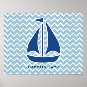 Nautical Blue Sail Boat and Chevron Personalised Poster