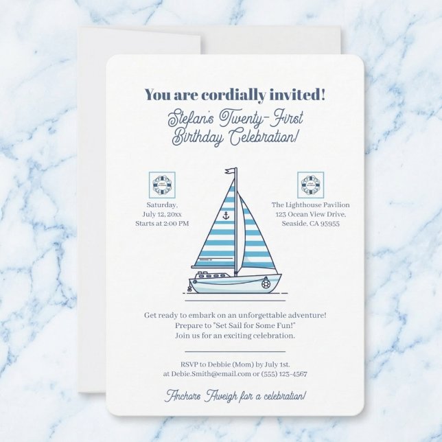 Nautical Blue Sailboat Birthday Party Invitation (Gather your crew for some waterfront fun.)