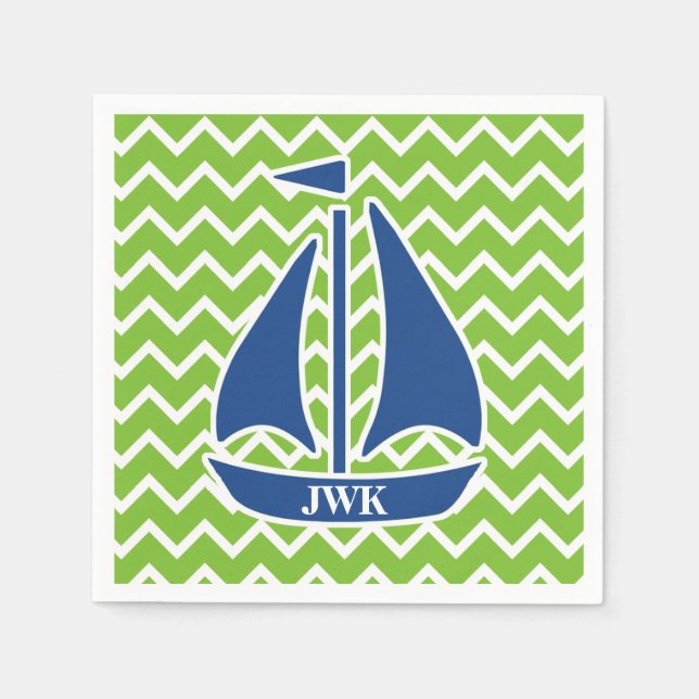 Nautical Blue Sailboat Custom Chevron pattern Napkin (Front)