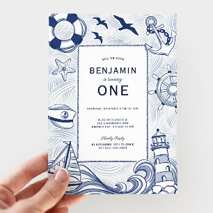 Nautical Blue Sailboat Lighthouse 1st Birthday Invitation