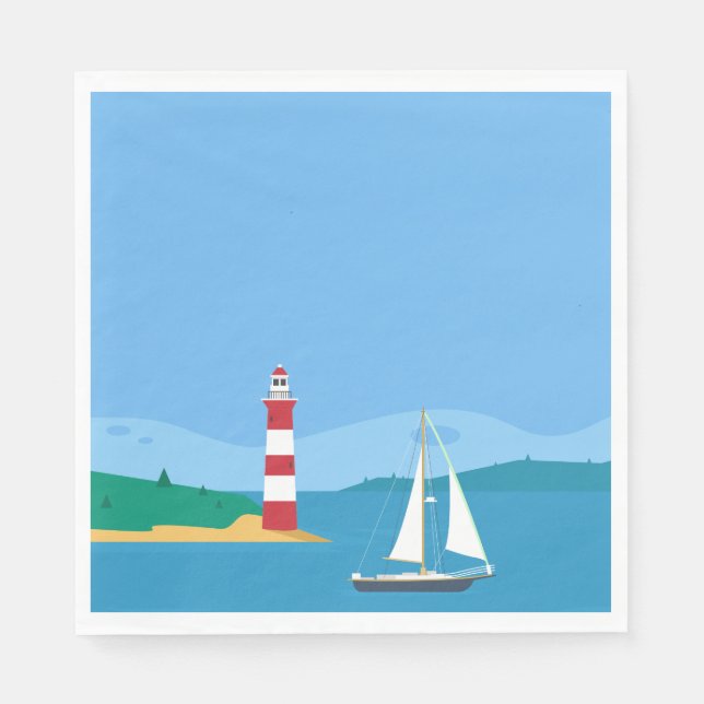 Nautical Blue Sailboat & Lighthouse Wedding Party Napkin (Front)