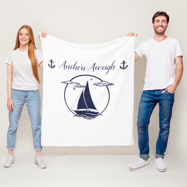 Nautical blue sailboat silhouette/anchors aweigh fleece blanket (In Situ)