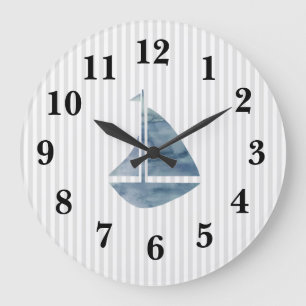 Nautical Blue Sailboat Stripe Preppy Large Clock