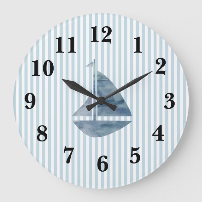 Nautical Blue Sailboat Stripe Preppy Large Clock (Front)