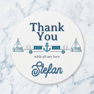 Nautical Blue Sailboat Thank You Classic Round Sticker
