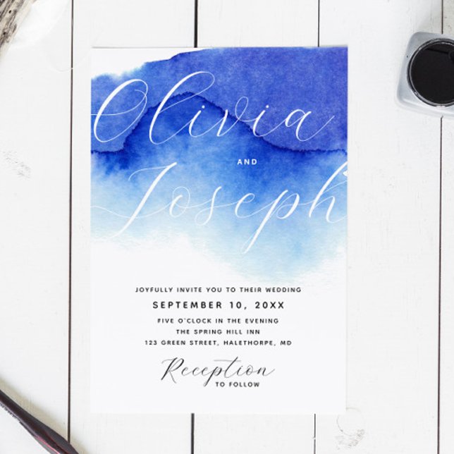 Nautical blue script photo wedding + QR details Invitation (Creator Uploaded)