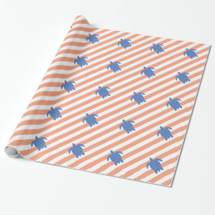 Nautical Blue Sea Turtle & Coral and White Stripes Wrapping Paper
