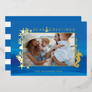 Nautical Blue Seas & Greetings Ocean Photo Frame Foil Holiday Card