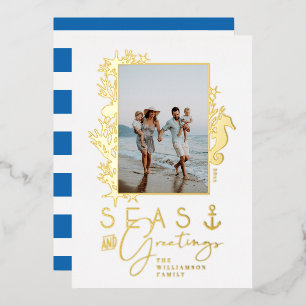 Nautical Blue Seas & Greetings Ocean Photo Frame Foil Holiday Card
