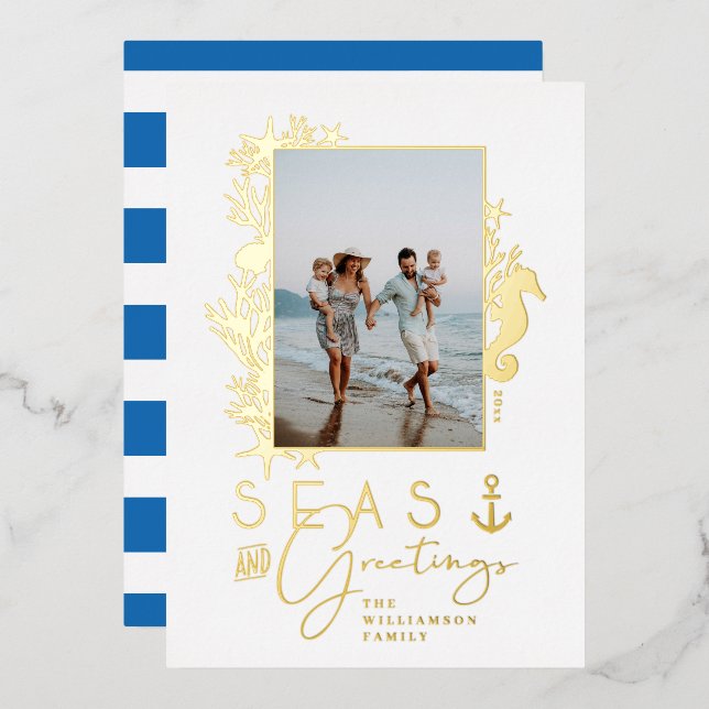 Nautical Blue Seas & Greetings Ocean Photo Frame Foil Holiday Card (Front/Back)