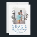 Nautical Blue Seas & Greetings Ocean Photo Frame Holiday Card<br><div class="desc">Who needs snowflakes when you have seashells! Capture a cool nautical casual and coastal vibe this holiday sea-son with our coastal seaside-inspired holiday Christmas collection. Features a unique photomask frame with sea coral, seahorse, and starfish. "Seas & Greetings" is displayed in nautical blue with a ship anchor. The reverse side...</div>