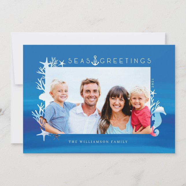 Nautical Blue Seas & Greetings Ocean Photo Frame Holiday Card (Front)
