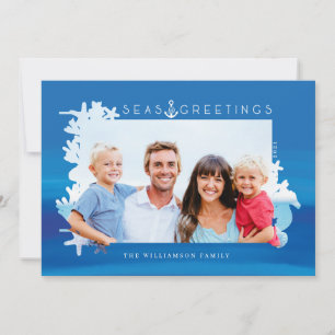 Nautical Blue Seas & Greetings Ocean Photo Frame Holiday Card